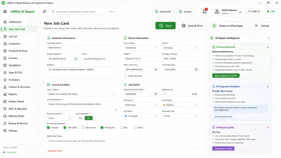 oRRbit AI Repair New Job Card with AI Smart Job Assist, AI Diagnosis Guidance and AI Repair Copilot